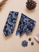 Navy Blue Paisley Necktie Pocket Square Brooch & Cufflinks Giftset