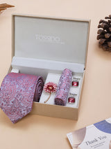 Pink Paisley Necktie Pocket Square Brooch & Cufflinks Giftset