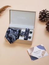 Navy Blue Paisley Necktie Pocket Square Brooch & Cufflinks Giftset