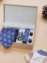 Blue Polka Necktie Pocket Square Brooch & Cufflinks Giftset