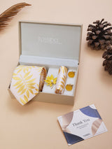 Yellow Floral Necktie Pocket Square Brooch & Cufflinks Giftset