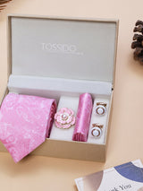 Pink Paisley Necktie Pocket Square Brooch & Cufflinks Giftset