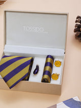 Purple & Mustard Striped Necktie Pocket Square Brooch & Cufflinks Giftset