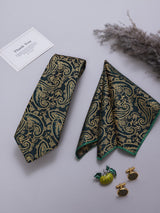 Dark Green & Gold Paisley Necktie Pocket Square Brooch & Cufflinks Giftset