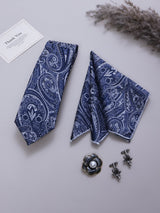 Navy Blue Paisley Necktie Pocket Square Brooch & Cufflinks Giftset