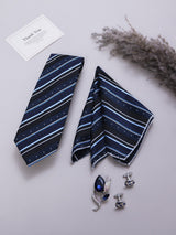 Black & Blue Striped Necktie Pocket Square Brooch & Cufflinks Giftset