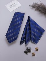 Blue Striped Necktie Pocket Square Brooch & Cufflinks Giftset