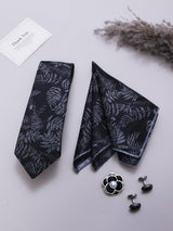 Blue Floral Necktie Pocket Square Brooch & Cufflinks Giftset
