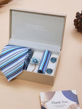 Blue Striped Necktie Pocket Square Brooch & Cufflinks Giftset