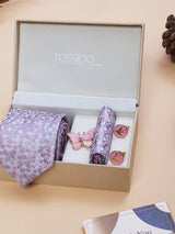 Grey & Pink Floral Necktie Pocket Square Brooch & Cufflinks Giftset