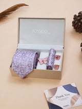 Grey & Pink Floral Necktie Pocket Square Brooch & Cufflinks Giftset