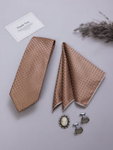 Beige Geometric Necktie Pocket Square Brooch & Cufflinks Giftset