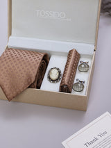 Beige Geometric Necktie Pocket Square Brooch & Cufflinks Giftset