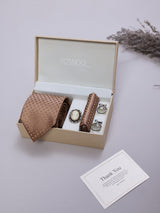 Beige Geometric Necktie Pocket Square Brooch & Cufflinks Giftset