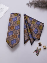 Beige Floral Necktie Pocket Square Brooch & Cufflinks Giftset