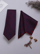 Maroon & Blue Paisley Necktie Pocket Square Brooch & Cufflinks Giftset