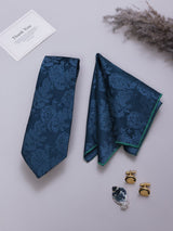 Teal Floral Necktie Pocket Square Brooch & Cufflinks Giftset