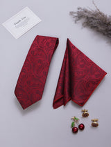 Maroon Paisley Necktie Pocket Square Brooch & Cufflinks Giftset