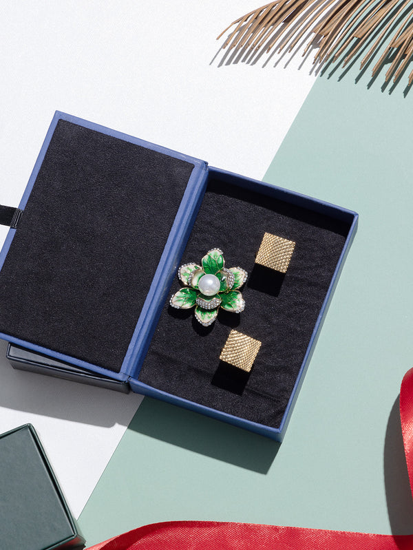 Green Brooch and Golden Cufflink Gift Set