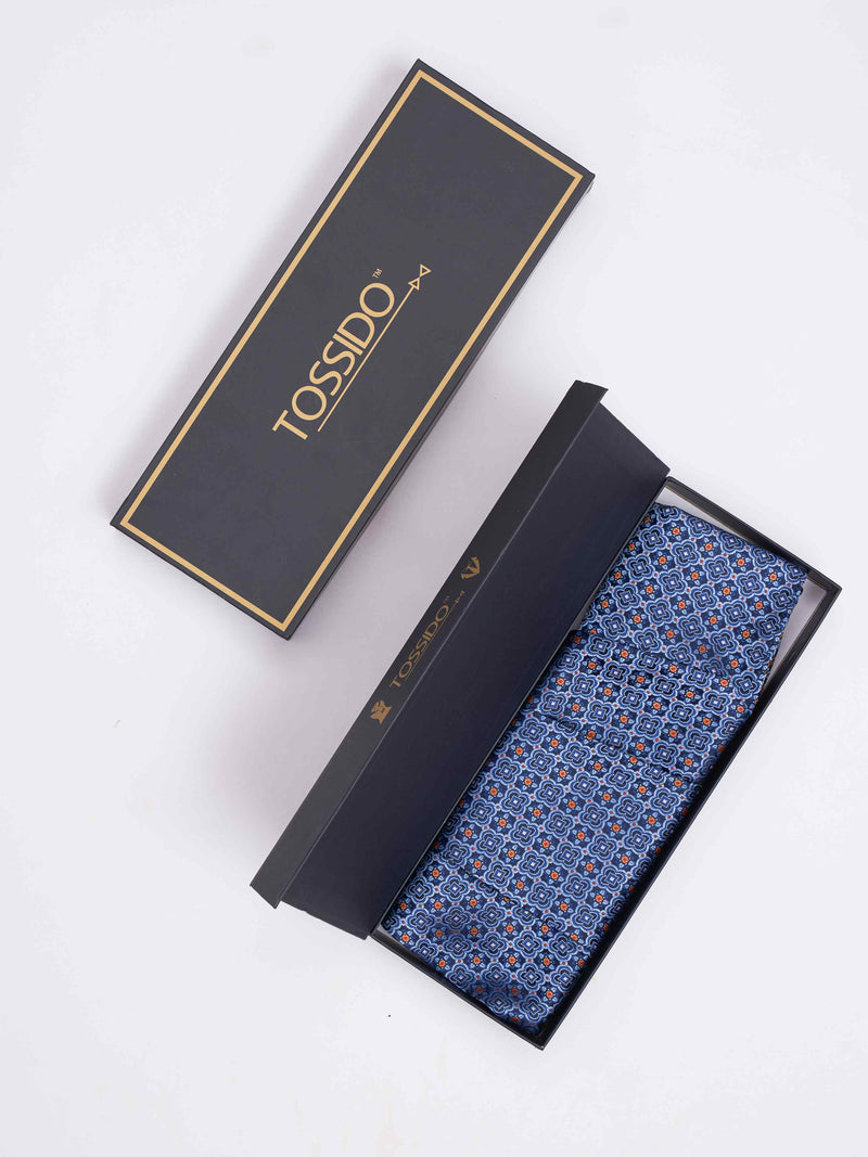 Blue Geometric Woven Cravat & Pocket Square Set