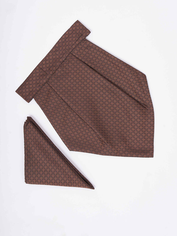 Brown Geometric Woven Cravat & Pocket Square Set