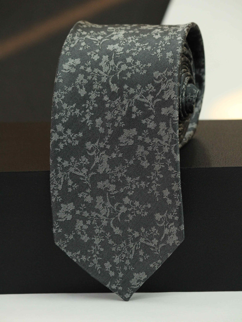 Grey Floral Woven Silk Necktie