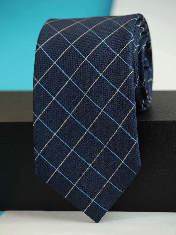 Navy Blue Check Woven Silk Necktie