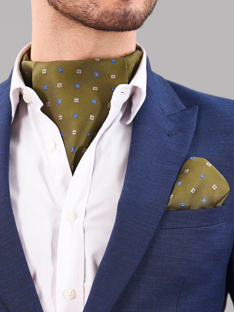 Green Geometric Woven Cravat & Pocket Square Set