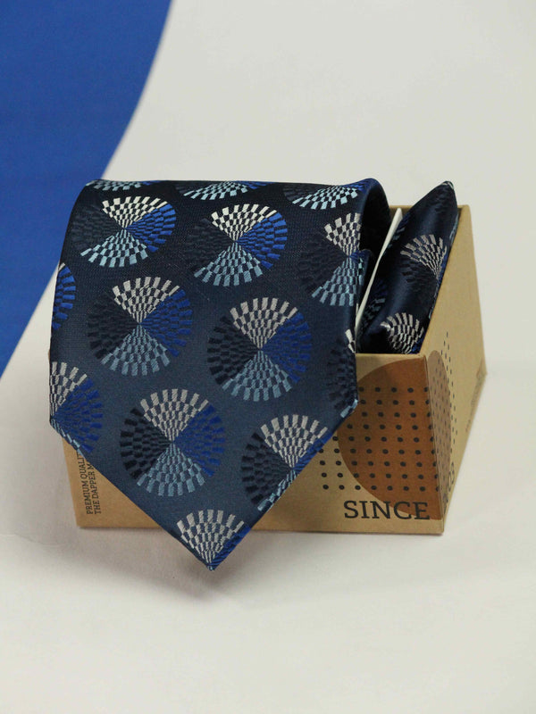 Blue Geometric Broad Necktie & Pocket Square Giftset