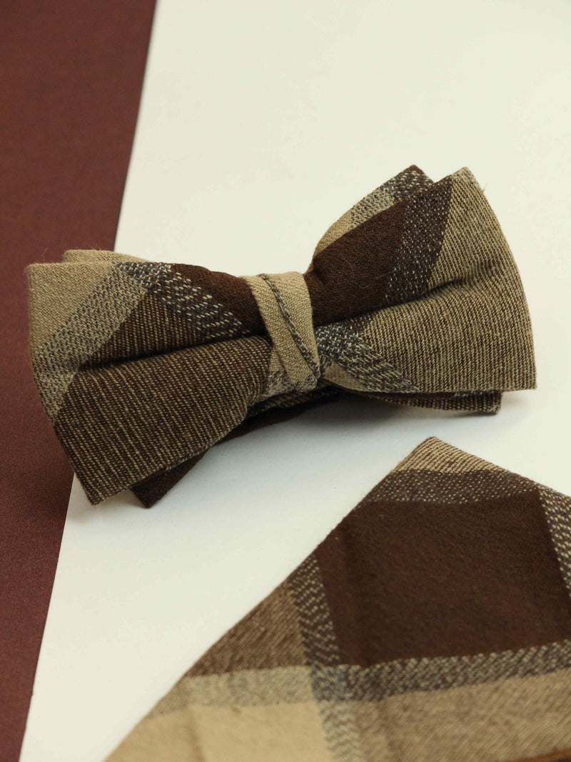 Brown Check Bowtie & Pocket Square Set