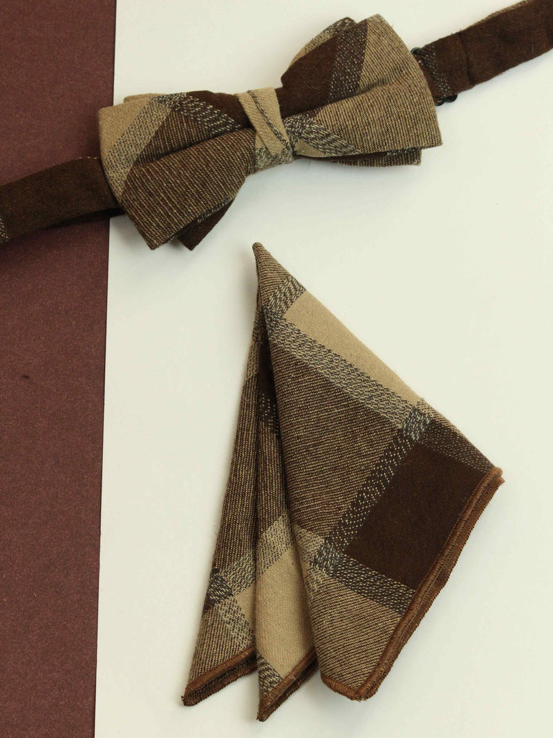 Brown Check Bowtie & Pocket Square Set