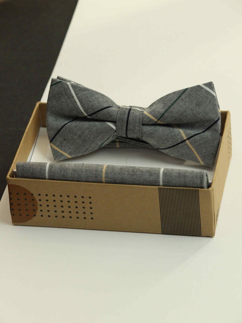 Grey Check Bowtie & Pocket Square Set