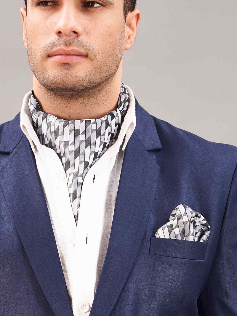 Silver Geometric Woven Ascot & Pocket Square