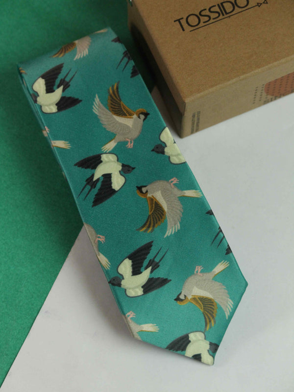 Teal Bird Printed Necktie