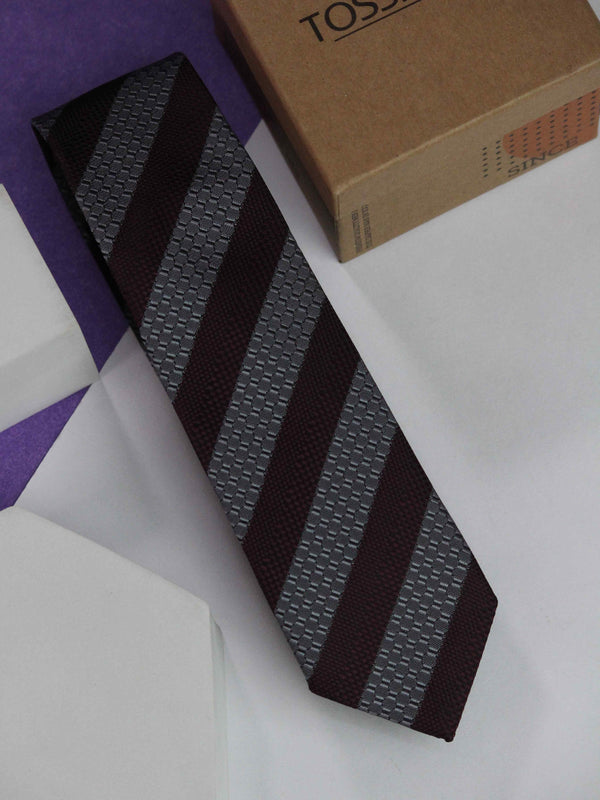 Wine & Grey Stripe Skinny Necktie
