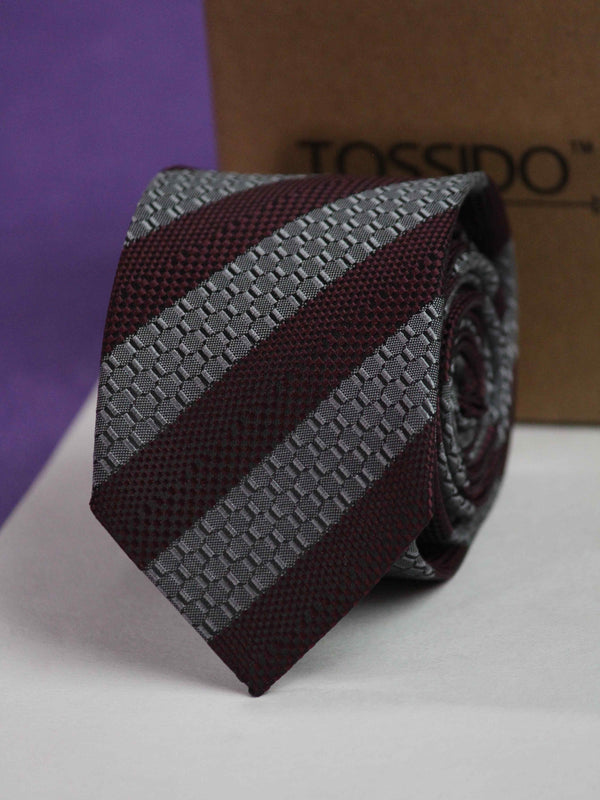 Wine & Grey Stripe Skinny Necktie