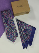 Blue Paisley Printed Necktie and Pocket Square Set