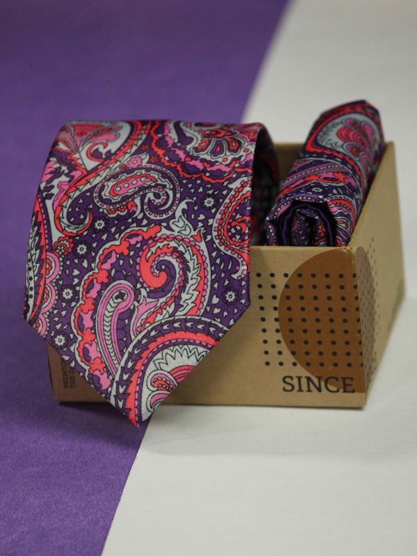Purple Paisley Printed Necktie and Pocket Square Set