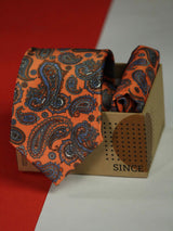 Orange Paisley Printed Necktie and Pocket Square Set