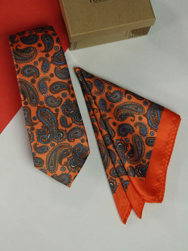 Orange Paisley Printed Necktie and Pocket Square Set