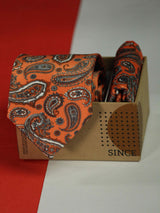 Orange Paisley Printed Necktie and Pocket Square Set