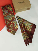 Brown Paisley Printed Necktie and Pocket Square Set