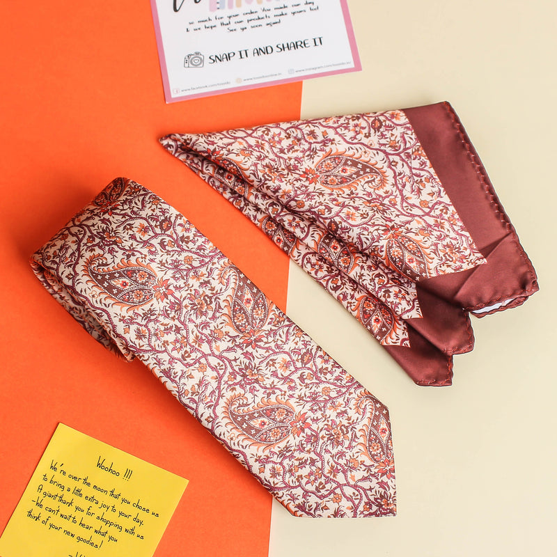 Burnt Red Floral Printed Necktie & Pocket Square Giftset