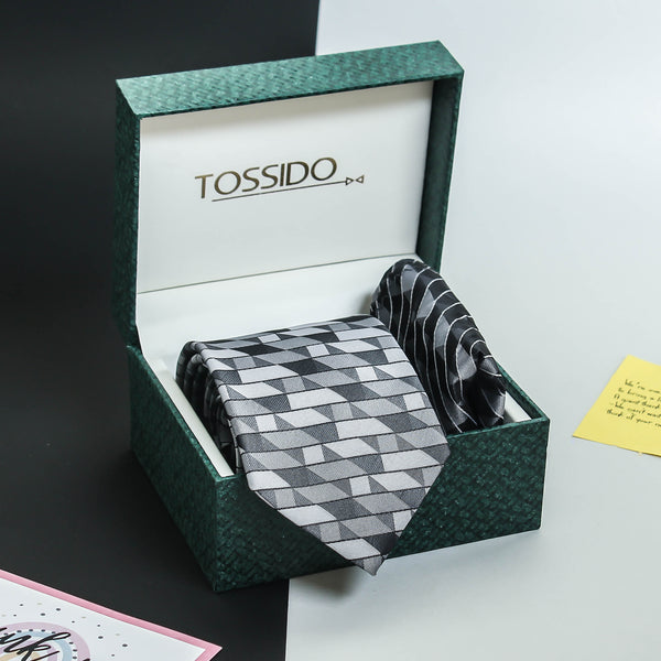 Silver Geometric Necktie & Pocket Square Giftset