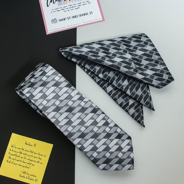 Silver Geometric Necktie & Pocket Square Giftset