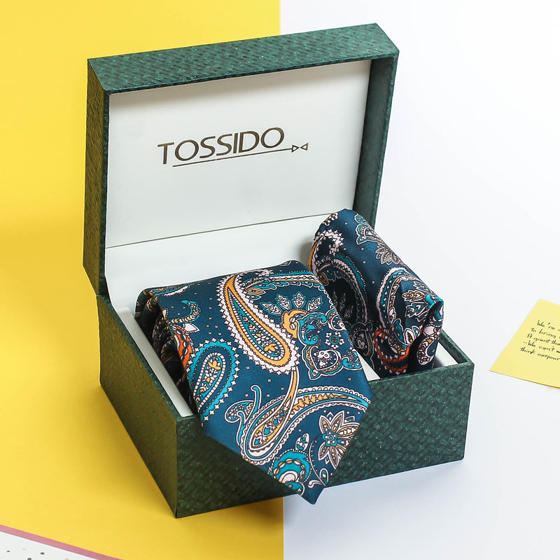 Teal Paisley Printed Necktie & Pocket Square Giftset