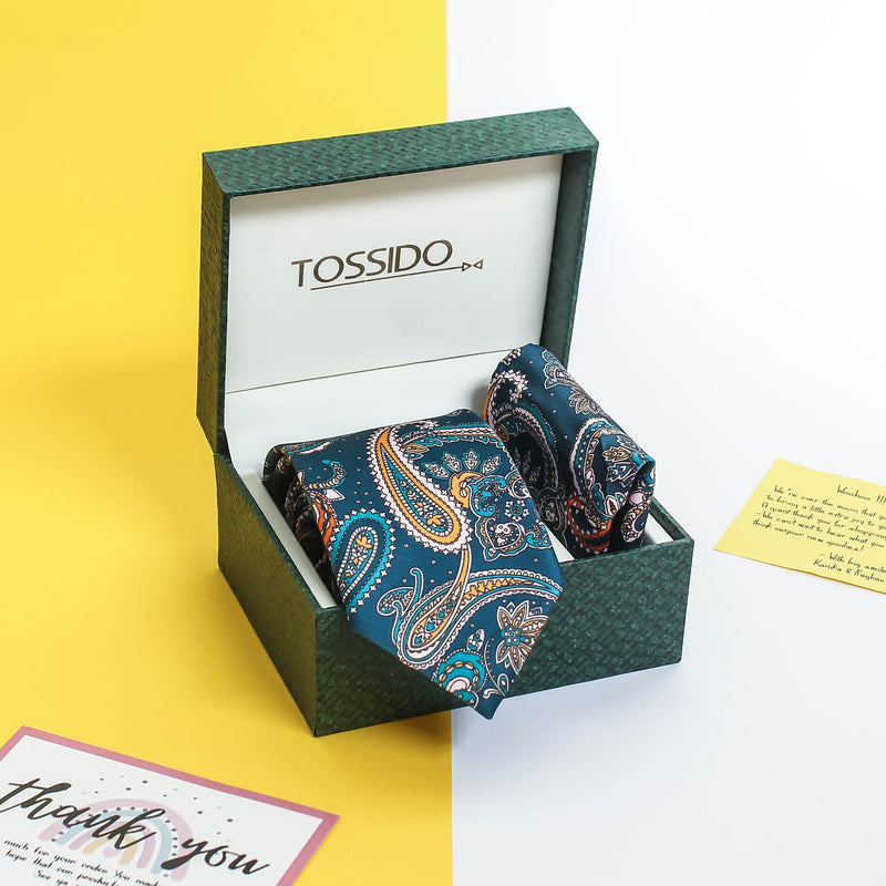 Teal Paisley Printed Necktie & Pocket Square Giftset