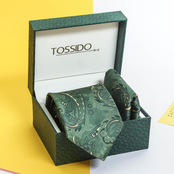 Green Paisley Printed Necktie & Pocket Square Giftset