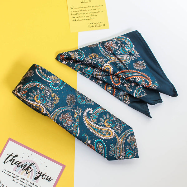 Teal Paisley Printed Necktie & Pocket Square Giftset