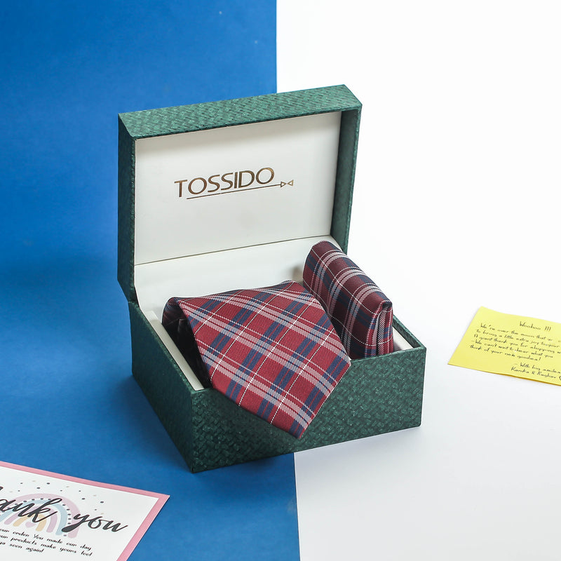 Maroon Check Necktie & Pocket Square Giftset